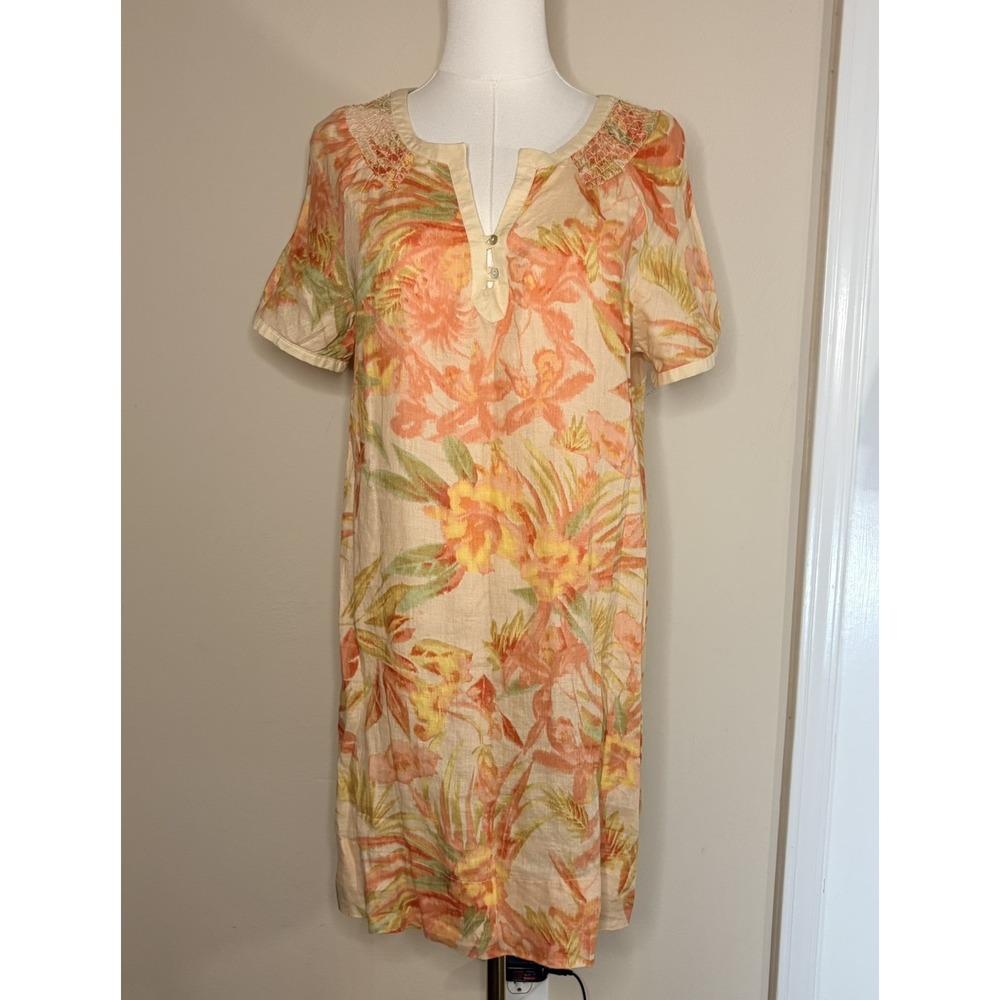 ZARA Short Sleeve Smockd Neckline 100% Linen Shift M Dress Tropical V-Neck Beach